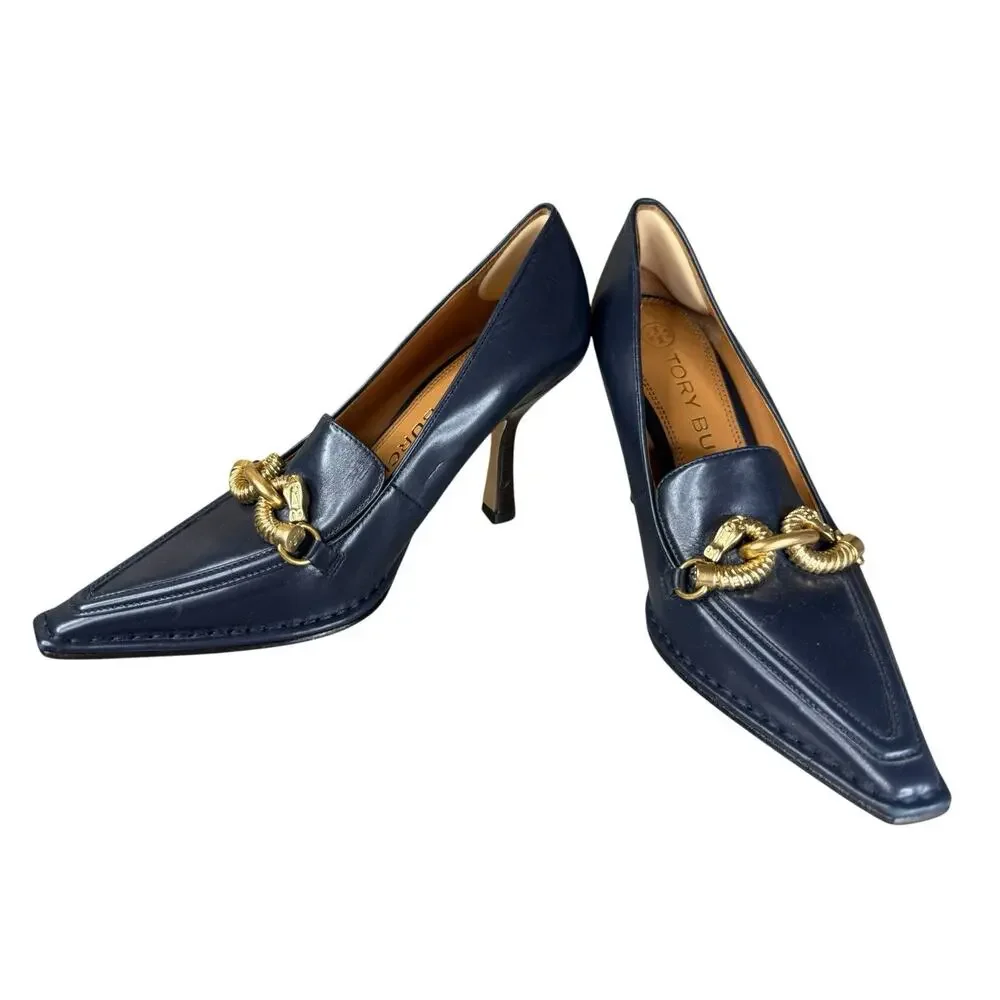 Tory Burch Jessa Pointed Toe Leather Pumps Navy Gold Chain Heels Size 7M